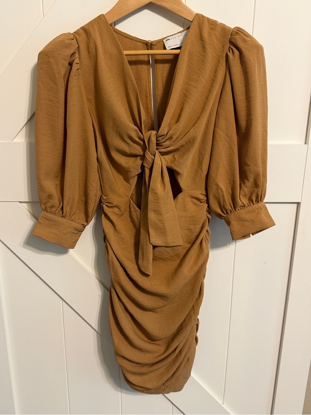 ASOS DESIGN Ruched Tie Front Cutout Mini Dress Camel Brown Women’s US 2